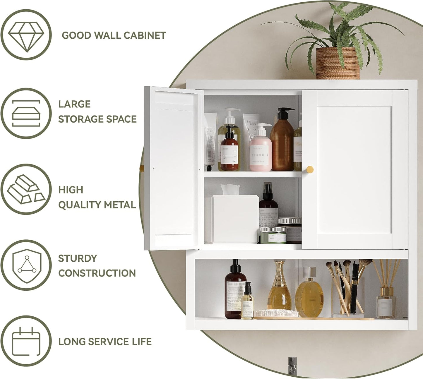 Metal Bathroom Storage Cabinet, Metal Storage Cabinet with 2 Adjustable Shelves & 2 Doors,Freestanding Sideboard for Small Spaces (White, Wall Cabinet-22.59" H)