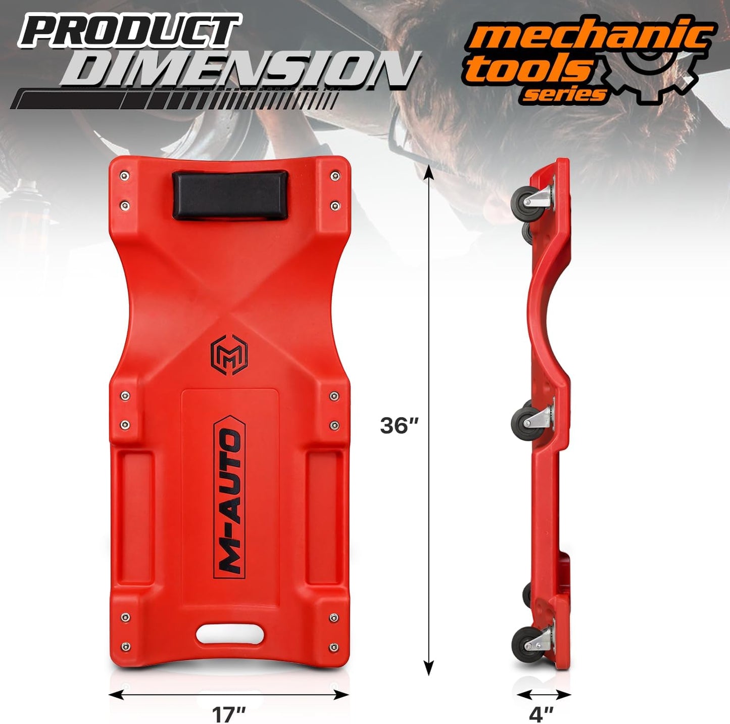 M-AUTO Plastic Rolling Garage Creeper with Padded Headrest 36" Light Weight Automotive Creeper Mechanic Cart with Dual Tool Trays and Noiseless Casters, Red