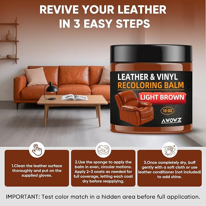 Leather Recoloring Balm - Scratch Repair & Color Restore Kit for Faded Leather, Couch & Car Seats - 10OZ Leather Restorer Balm for Furniture, Auto Interior, Vinyl, Accessories (Light Brown-Tan)