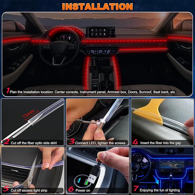 Car LED Lights, Interior Car Lights with Wireless APP/RF Remote/Button Control, Car Ambient Lighting Kit with 236" Integrated Molding Fiber Optic RGB Sync to Music (USB)