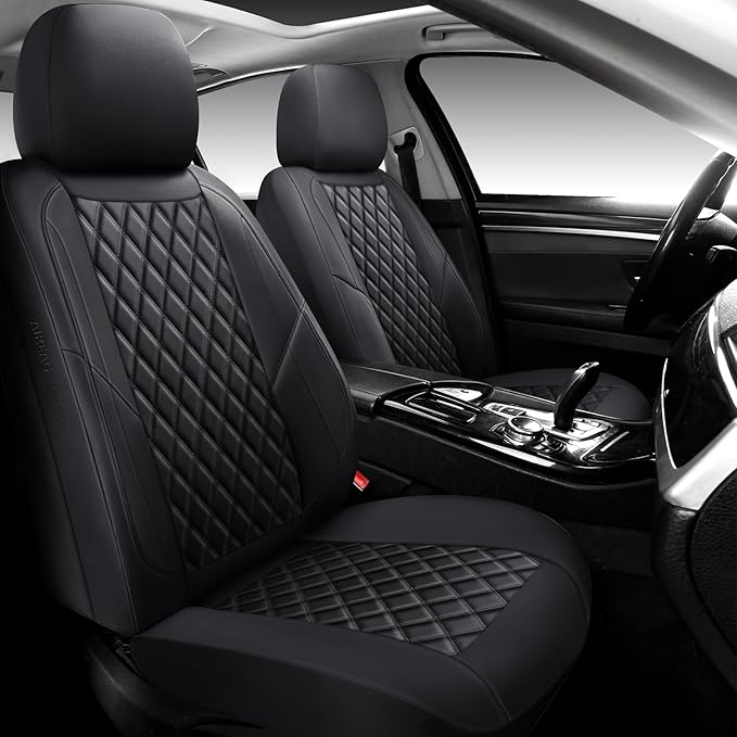 Premium Leather Car Seat Covers Front Pair,Universal Fit for Cars,Trucks&SUVs,Waterproof Car Seat Cushion,Full Coverage Car Seat Protector with 2 Seats,Black