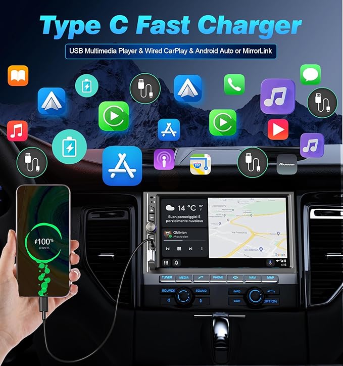 7" Wireless Double Din Car Play Stereo Apple Carplay Screen Radio Audio Receiver Android Auto Bluetooth 4.2 Channel 240W Amplifier Subwoofer MirrorLink Navigation FM/AM SWC Backup Camera Fast Charger