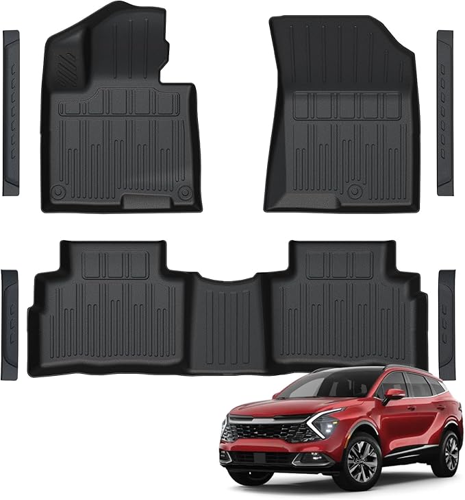 Floor Mats Custom Fit for Kia Sportage 2023 2024 2025 2026, TPE All Weather Protection Car mat Front & 2nd Row Black Automotive Liners & 4 Door Sill Guards Accessories
