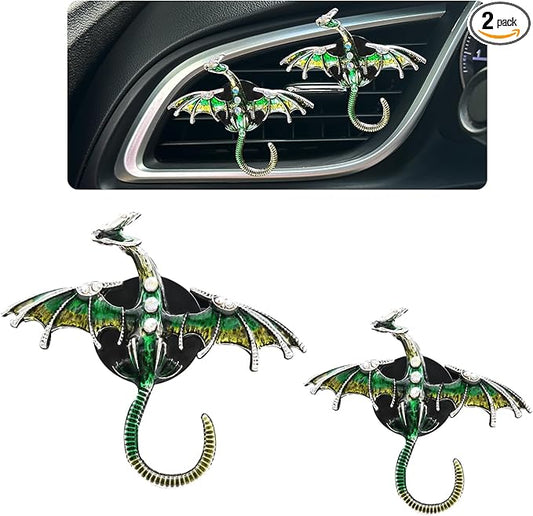 Dargon Air Vent Clips Car Air Freshener 2pcs Bling Green Dragon Car Accessories Enamel Fire Dragon Wyvern Vent Clips Refillable Car Essential Oil Outlet Diffuser Gothic Car Decor