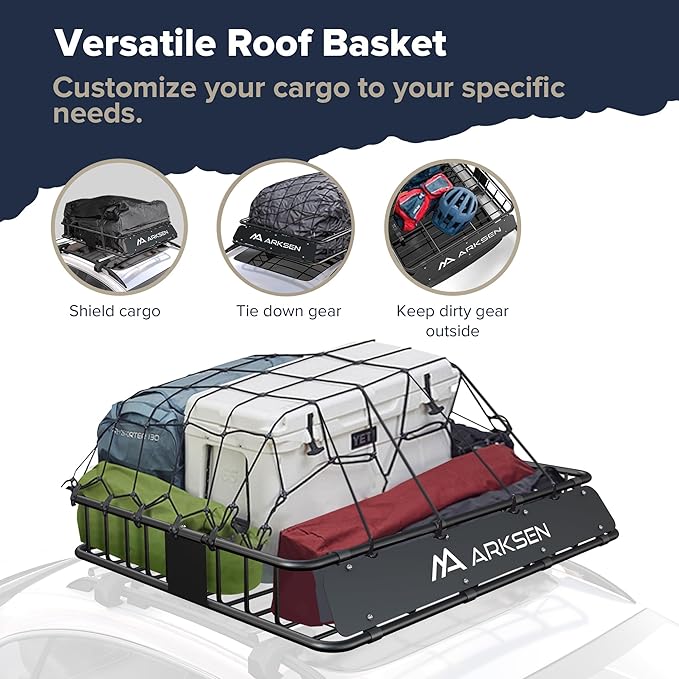 ARKSEN 43 x 50 x 6 Inch Universal Extra Wide 150LB Heavy Duty Roof Rack Cargo with Ratchet Straps, Cargo Net, Car Top Luggage Holder Carrier Basket for SUV, Truck, & Car Steel Construction