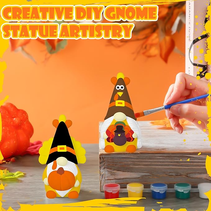 Hollowfly 2 Pack Fall Ready to Paint Your Own Gnome Statues 4" Thanksgiving Turkey Gnomes Blank Pumpkin Unpainted Ceramics Figurines Craft DIY Art with Brush Palette Paint for Adults
