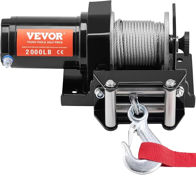 VEVOR ATV Winch, 2000 lb Electric Winch, 12V Small ATV UTV Winch with 5/32 in x 39 ft Steel Cable Roller Fairlead Wired Remote Control, IP55 Waterproof for Towing UTV ATV Car Vehicle Off-Road
