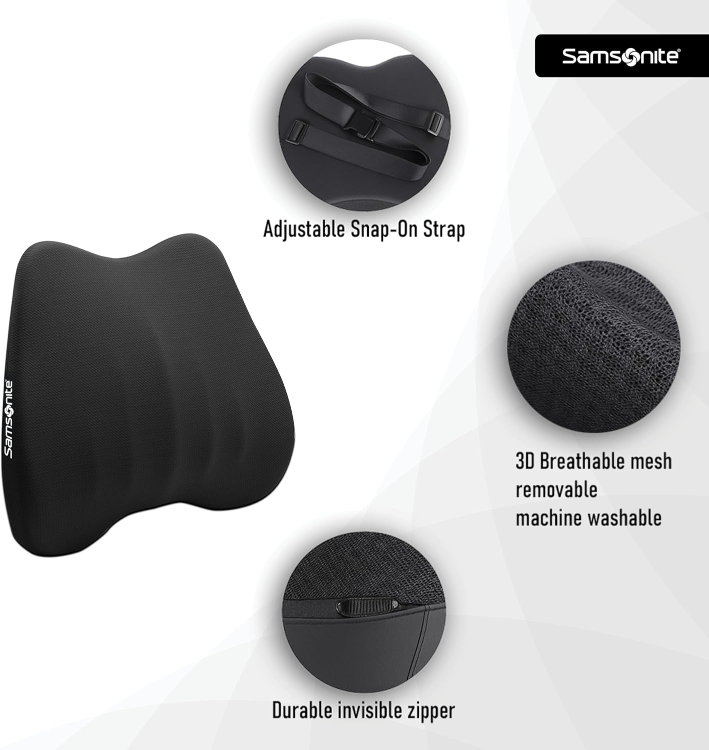 Samsonite Lumbar Support Pillow for Office Chair and Car Seat - Memory Foam Pillows Car Lumbar Support Brace, Lumbar Support Pillow for Car & Low Back Pain Relief, Black