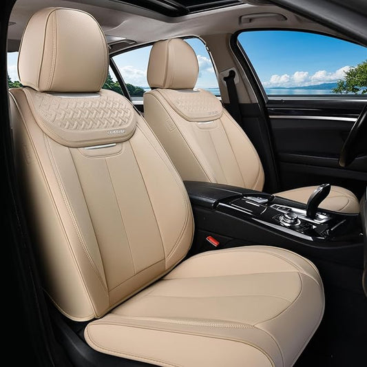 Coverado Seat Covers, Car Seat Covers Front Seats, Beige Nappa Leather Car Seat Covers, 2 Pack Waterproof Front Seat Covers, Breathable Leather Seat Cushion Universal Fit Most Cars Trucks