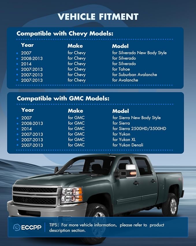 ECCPP Tow Mirrors for 2007-2014 for Chevy Silverado for GMC Sierra Towing Mirrors Chrome Housing Power Heated Signal Light Pickup Pair Driver Side and Passenger Side