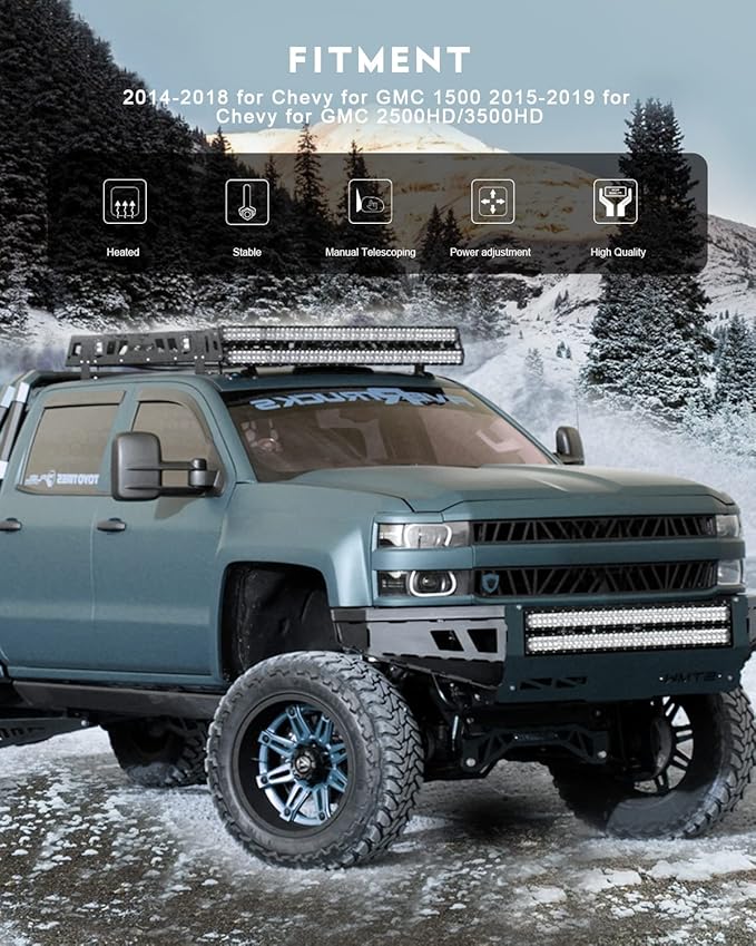 OCPTY Towing Mirrors Power Heated Left Driver Right Passenger Side Tow Mirrors Fit For 2014-2018 For Chevy For Gmc 1500 2015-2019 For Chevy For Gmc 2500 Hd 3500 Hd With No Turn Signal Black Housing