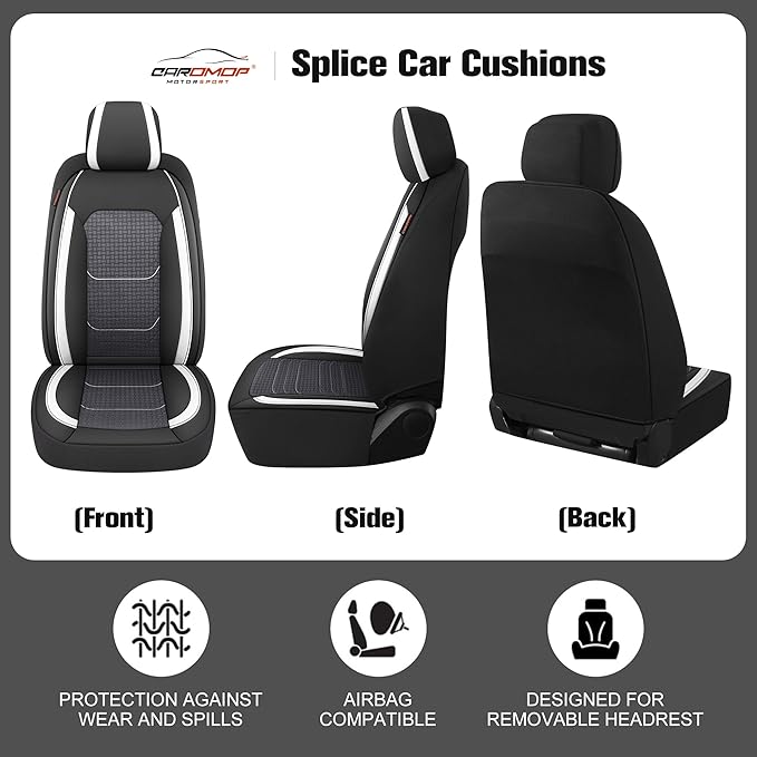 CAROMOP Premium PU Leather&Flannel Car Seat Covers Full Seats,Split Bench Compatible Car Interior Covers, Universal Fit Most Car Sedan Truck SUV(5-Seat Black/White)