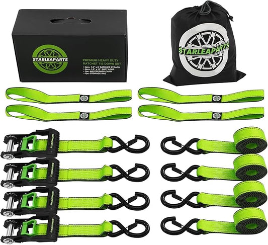 Motorcycle Tie Down Strap (4PK 1.5INX8FT) - 5,250lb Break Strength, Premium Ratchet Tie Down Straps Set, Soft Loop Ratchet Straps for Moving Appliances, Lawn Equipment, Cargo Straps for Trucks