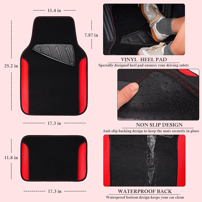 CAR PASS Faux Leather Steering Wheel Cover and Waterproof Car Floor Mats,Universal Car Combo Fit for 95% Sedan,SUV,Cars,14.5-15inch Sporty Anti-Slip Safety Comfortable Design(Black＆Red)