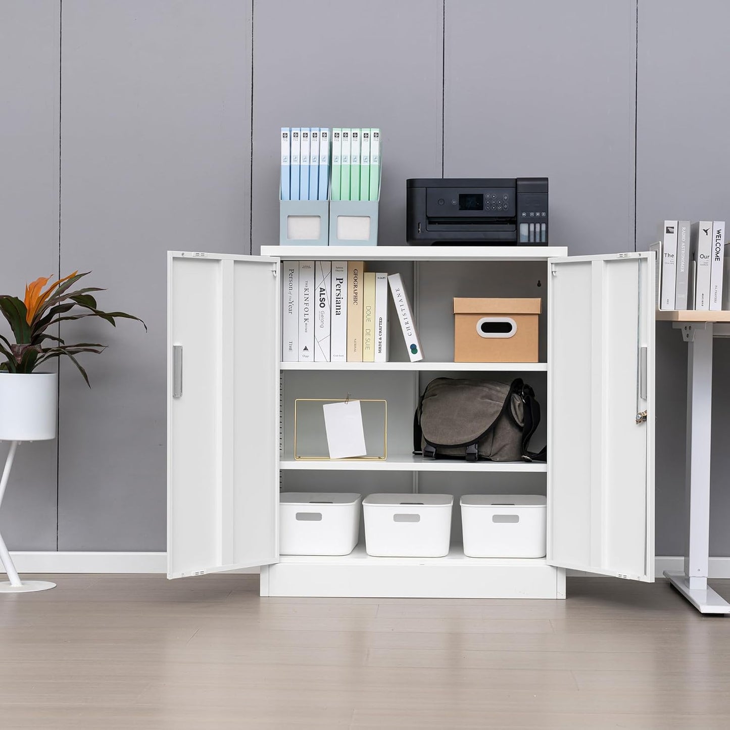 Metal Storage Cabinet with Locking Doors and Adjustable Shelves, 36.2" H Steel Storage Cabinet for Garage, Home, Office, Utility Room-White