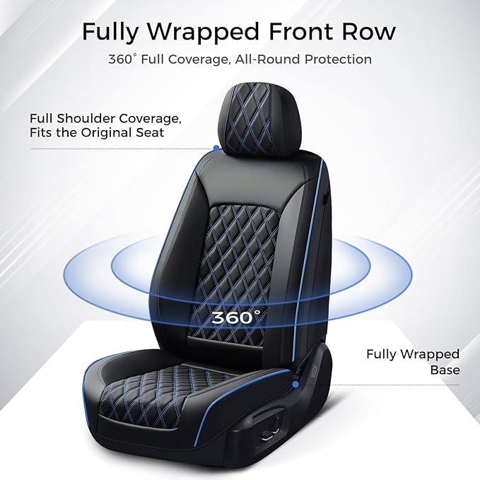 Huidasource Seat Covers Full Set, Nappa Leather Seat Covers, Blue Car Seat Covers, Universal Fit Front & Split Bench Rear, Airbag Compatible, for Most Cars,Vans,Trucks, SUVs(Full Set/Black&Blue)