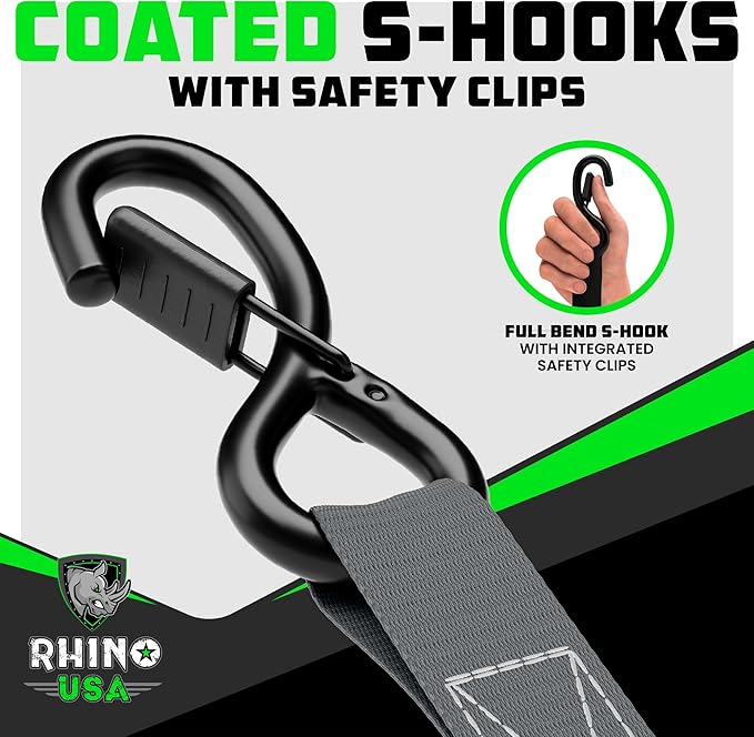 Rhino USA Ratchet Straps Tie Downs (4-Pack) - 1 Inch x 15 Feet (1,823lb Break Strength) - Ultimate Tie Down Straps with Safety S Hooks - for Trucks, Cargo, Moving, Appliances - Grey