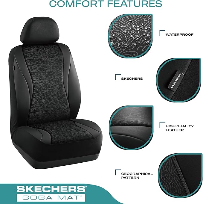 Skechers Car Seat Covers,Leather Seat Covers with GOGA Mat Technology,Waterproof Car Seat Covers Front Seats,Airbag Compatible,Comfort Universal Fit for Most Cars,Vans,Trucks,SUVs,Black