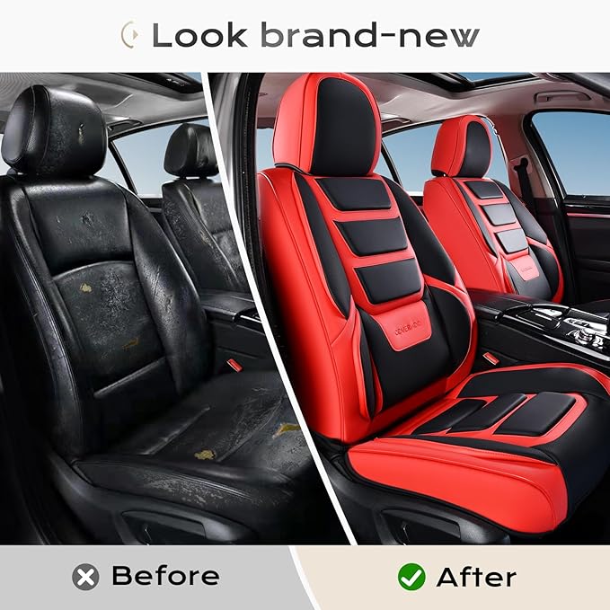 Coverado Car Seat Covers Full Set, Seat Covers for Cars, Front Seat Covers and Back Seat Cover Waterproof Leather Automotive Seat Cover, Universal Car Interior Protectors Cushion for Most Cars Red