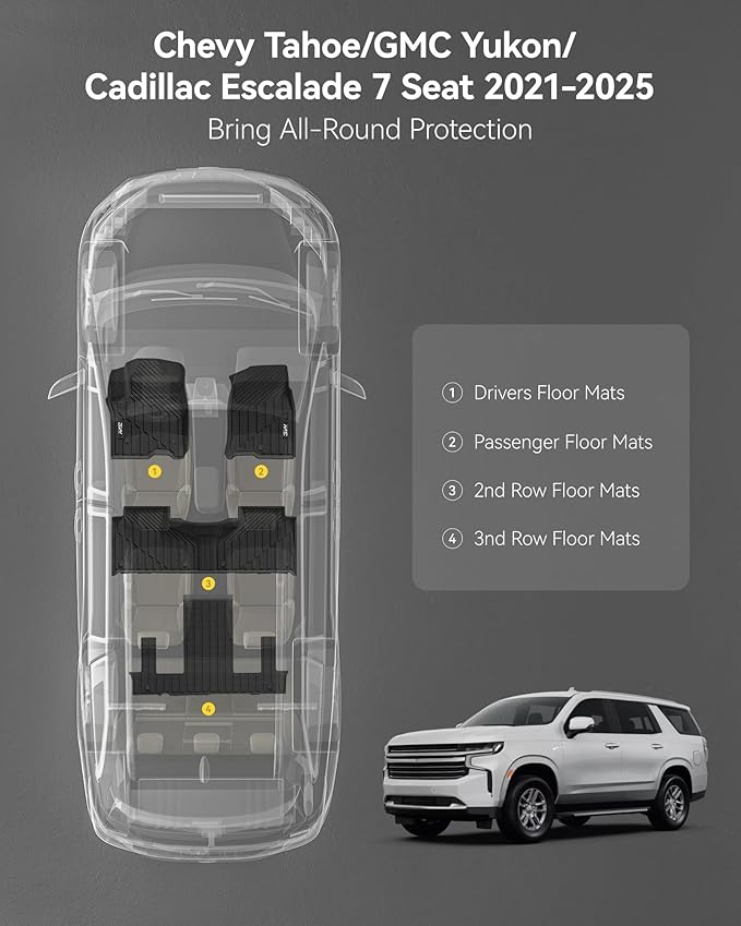 3W Floor Mats Fit for 2021 2022 2023 2024 2025 Chevy Tahoe/GMC Yukon/Cadillac Escalade 7 Seat, TPE All Weather Custom Fit Car Accessories Full Set Car Floor Liners 7 Passengers