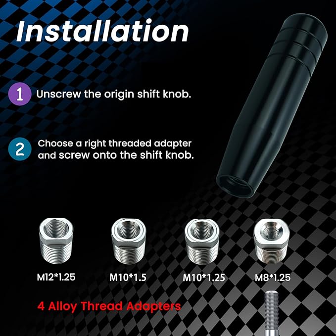 Gear Shift Knob - Universal Fit with 4 Alloy Adapters, 5.12" Long Lightweighted Shifter Knobs, Suitable for Manual & Auto Cars, Black