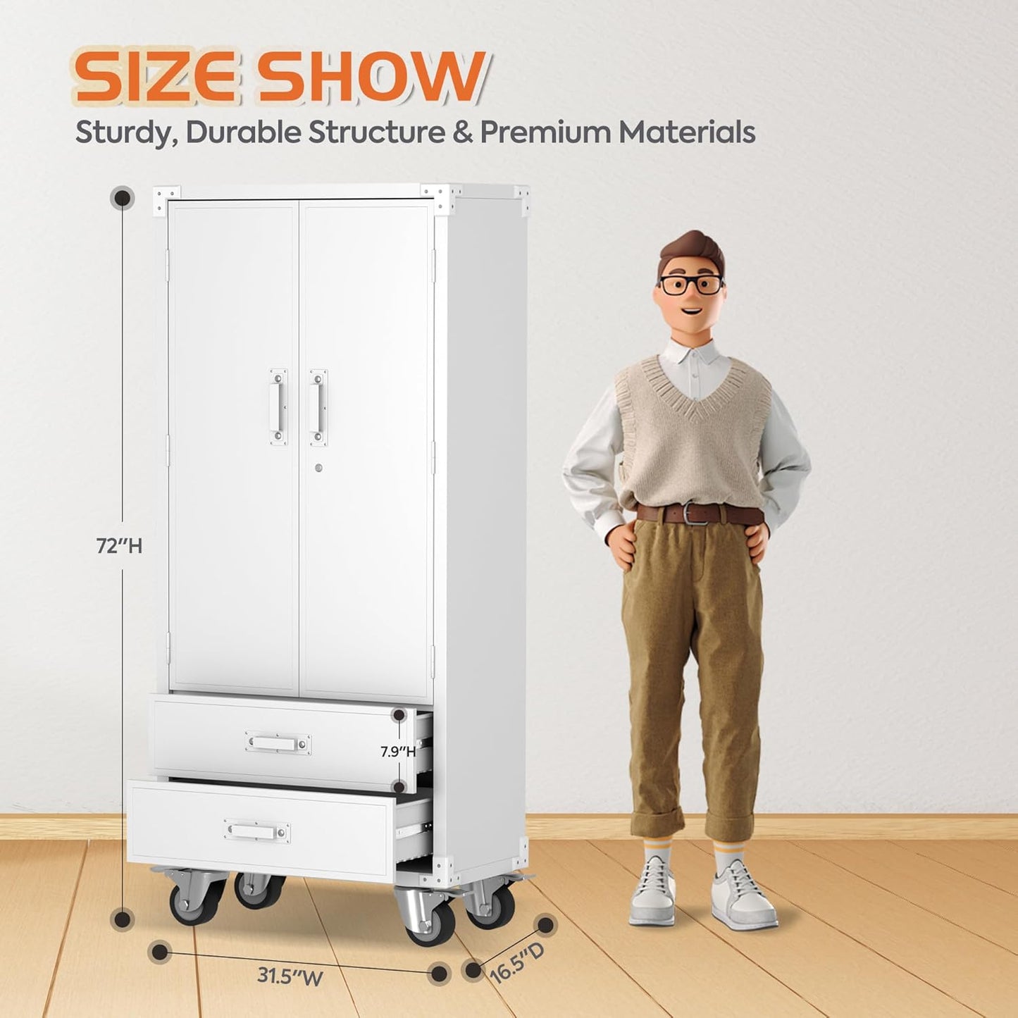 Rolling Storage Cabinet with 2 Doors and 2 Drawers, Heavy Duty Metal Storage Cabinet with Shelves, Locking Steel Cabinet for Warehouse, Home, Office (White)