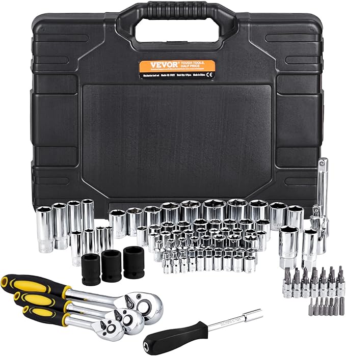 VEVOR 121-Piece Mechanics Tool Set - 1/4" 3/8" 1/2" Drive Sockets - SAE and Metric Mechanic Tool Kit with Bits - Ratchet Handle, Wrenches, Accessories, and Plastic Storage Case for Automotive Repair