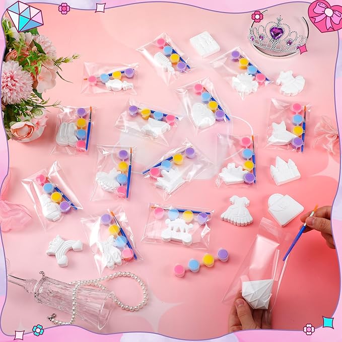 JellyArch 20 Set Princess DIY Painting Kit Ceramic to Paint Your Own Princess Rainbow Castle Statues Unpainted Plaster Figurines Brushes Acrylic Paints Bags Party Favor for Adults