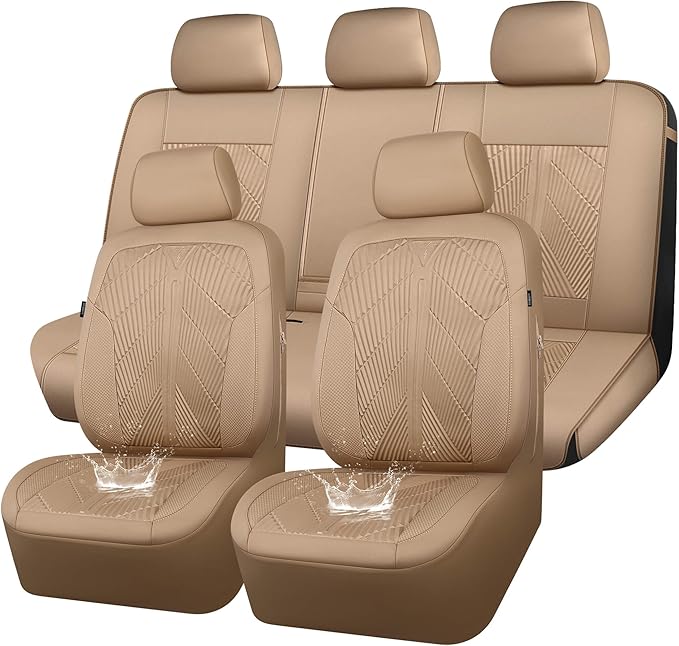 CAR PASS Waterproof Car seat Covers Full Sets Neoprene Wetsuit, All-Weather Non-Slip Durable, Universal Fit for SUV Sedans Trucks Vans Automotive, Armrest Airbag Compatible, 3D Emboss All Beige
