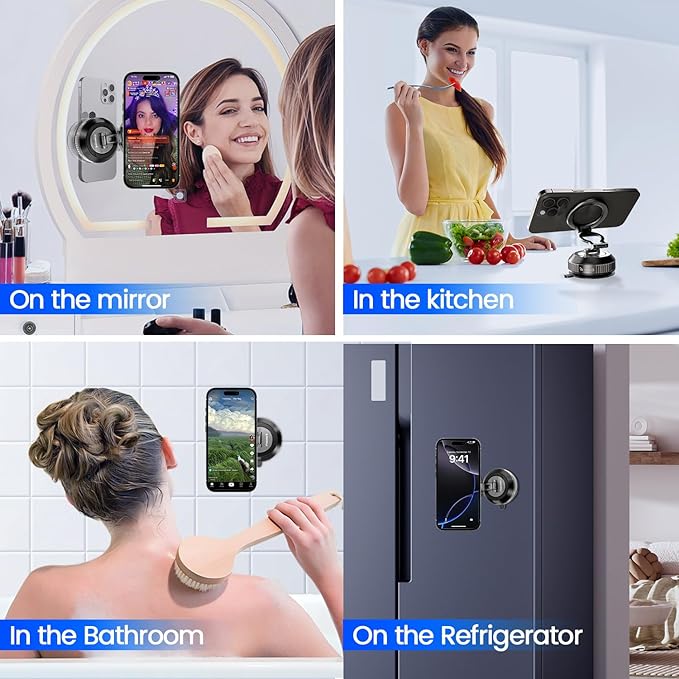 Tri-Folding Car Phone Holder for Magsafe[80+LBs Strongest Suction & 2850gf Strongest Magnetic], 360°Adjustable Phone Holders for Car, Suction Cup Phone Mount for iPhone17Pro Max /16/15/14Series，Black