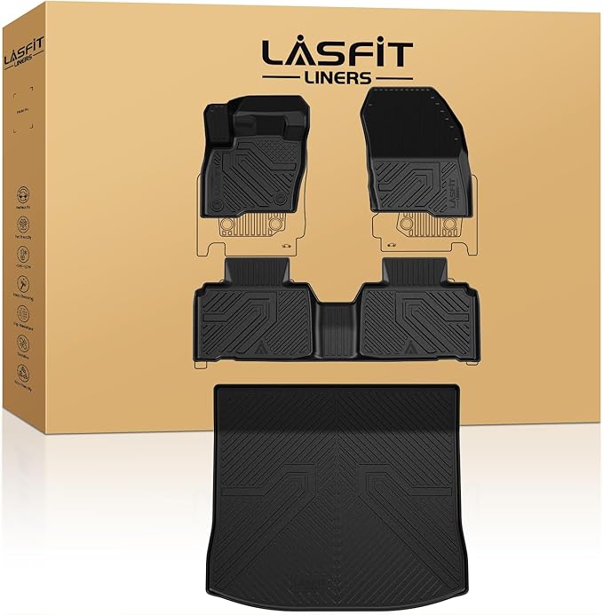 LASFIT Floor Mats and Cargo Liner for Ford Edge 2015-2024 All Weather Protector TPE Car Liners Custom Fit Vehicle Accessories, 1st & 2nd & Trunk Mat Combo Set, 4pcs Black