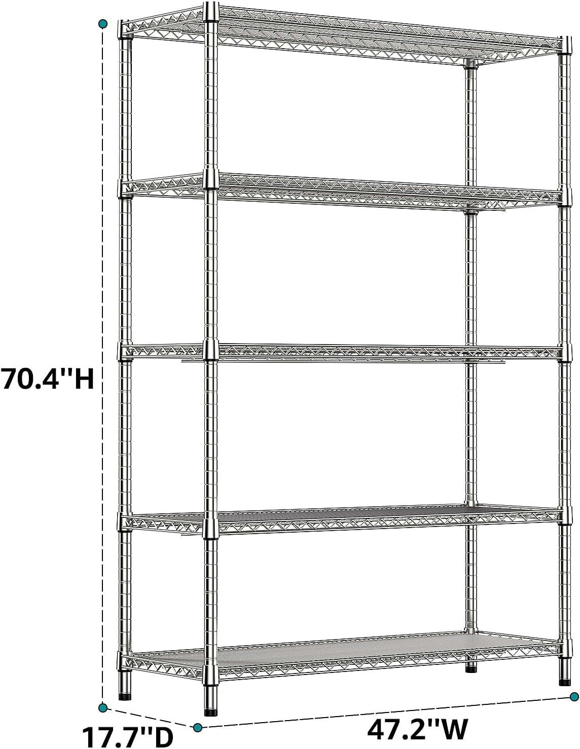 IZEUK 3300 LBS Garage Shelving Wide Storage Shelves 5 Tier Metal Shelves Heavy Duty Adjustable Utility Shelf Rack Chrome 17.7" D x 59.1" W x 70.4" H