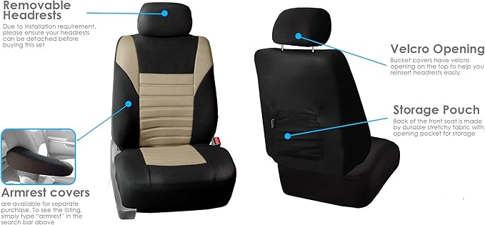 FH Group Automotive Car Seat Covers Full Set Premium 3D Air Mesh Front Seat Covers, Airbag Compatible & Split Bench Cover Universal Fit Interior Accessories for Cars Trucks and SUVs - Beige