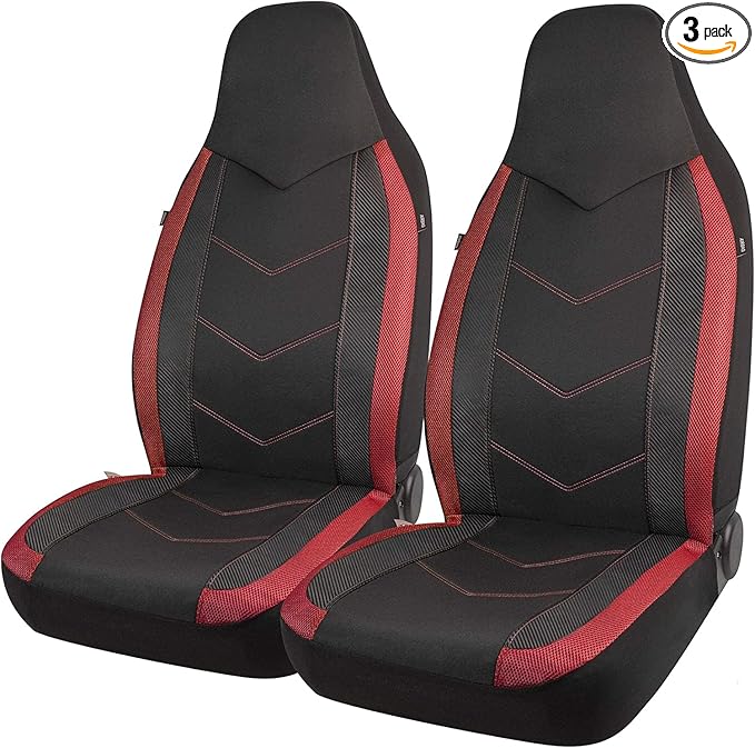PIC AUTO High Back Front Car Seat Covers - Sports Carbon Fiber Mesh Design, Universal Fit, Airbag Compatible (Red)