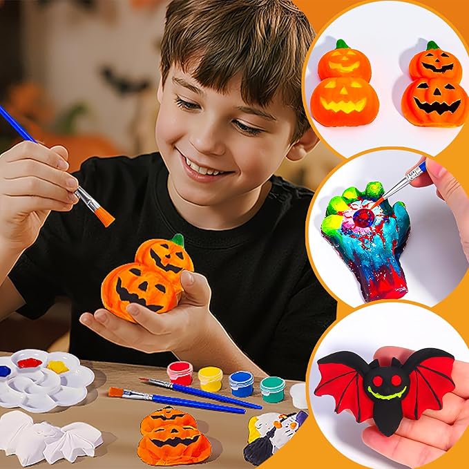 xFFFun DIY Halloween Painting Kit, 24 Set Ceramics to Paint with Unpainted Pumpkin Ghost Bat Ready to Paint Ceramics for Classroom Activity Halloween Gifts Party Decor