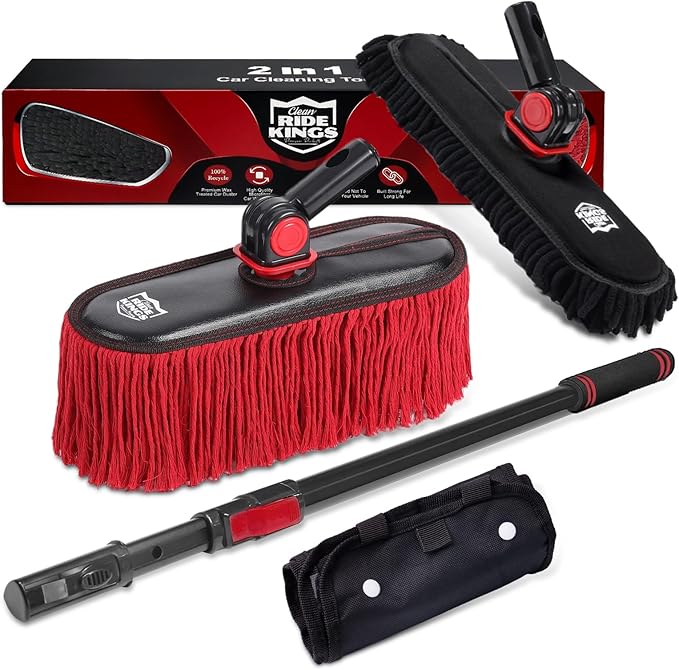 2In1 Brush And Duster For Car Exterior,Chenille Car Wash Brush Mop*1PC,Wax Cotton Car Duster Mop*1PC Remove Dust,Freely Switch A Retractable Black Steel Pole,Car Cleaning Supplies For Boat Truck Rv