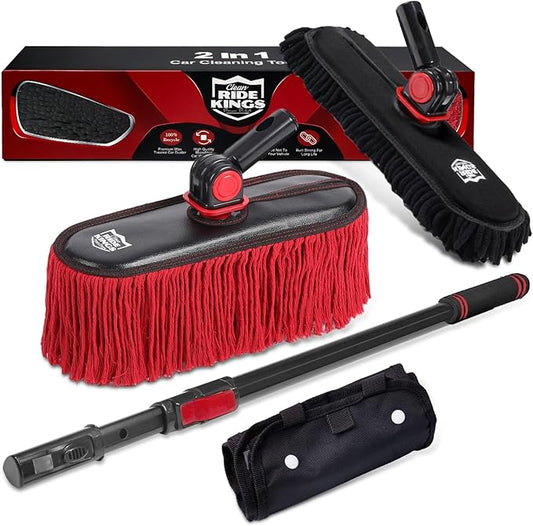 2In1 Brush And Duster For Car Exterior,Chenille Car Wash Brush Mop*1PC,Wax Cotton Car Duster Mop*1PC Remove Dust,Freely Switch A Retractable Black Steel Pole,Car Cleaning Supplies For Boat Truck Rv