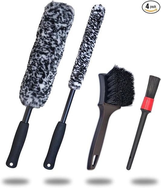 PRO Choice 4 Pack Long Handle Wheel Brush Kit for Cleaning Wheel and Tire- 2X Soft Wheel Cleaning Brush, Detailing Brush and Stiff Tire Brush