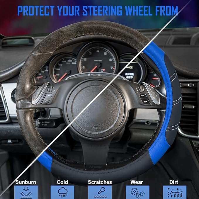 CAR PASS Line Rider Microfiber Leather Sporty Steering Wheel Cover Universal Fits for 95% Truck,SUV,Cars,14.5-15inch Anti-Slip Safety Comfortable Desgin (Black-Blue)