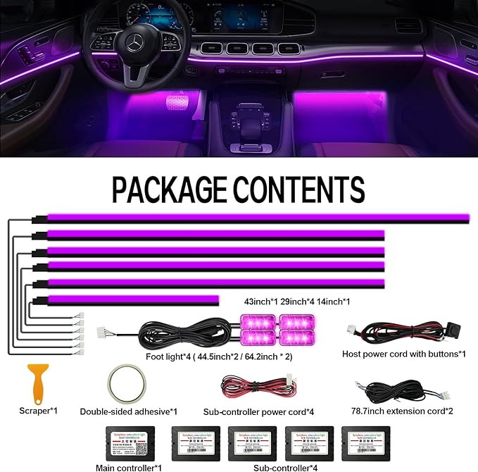 Acrylic Interior Car Lights, WEBUPAR Car Accessories 10 in 1 Car LED Strip Lights with APP Control, 175 inches 593 LEDs Fiber Optic Lights, RGB Neon Car Lighting