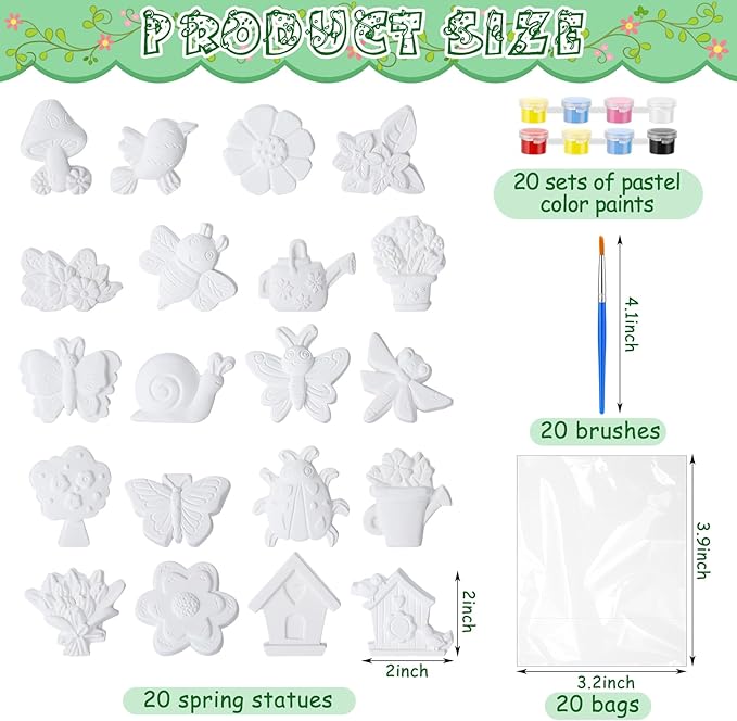JellyArch 20 Set Spring DIY Painting Kit Ceramic to Paint Your Own Flowers Bee Snail Bird Butterfly Statues Unpainted Plaster Figurines Brushes Acrylic Paints Bags Party Favor for Adults