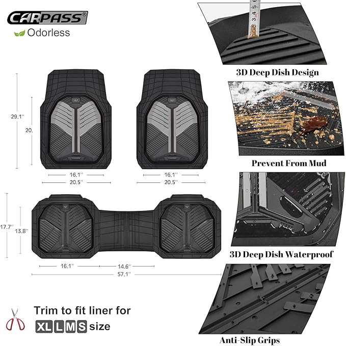 CAR PASS Heavy Duty Rubber Car Mats, Deep-Dish Car Floor Mats All Weather, Universal Two-Tone Trim-to-Fit for SUVs Trucks Sedans, Waterproof Anti-Slip, 3 Pieces V12 Black & Metallic Gray