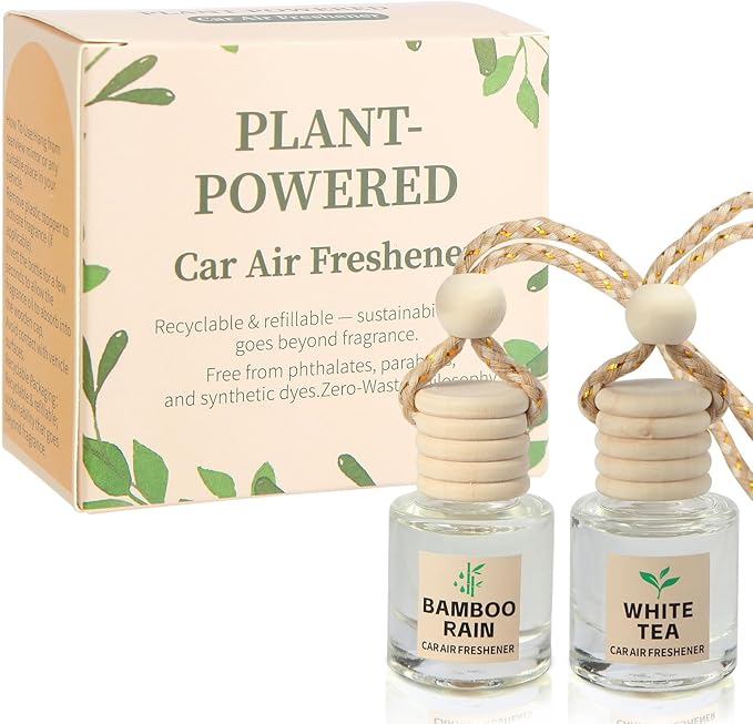 Car Air Freshener Oil Diffuser - Hanging Long Lasting Scent for Car & Home, Essential Oil Freshener with Adjustable Fragrance（Bamboo Rain+White Tea）