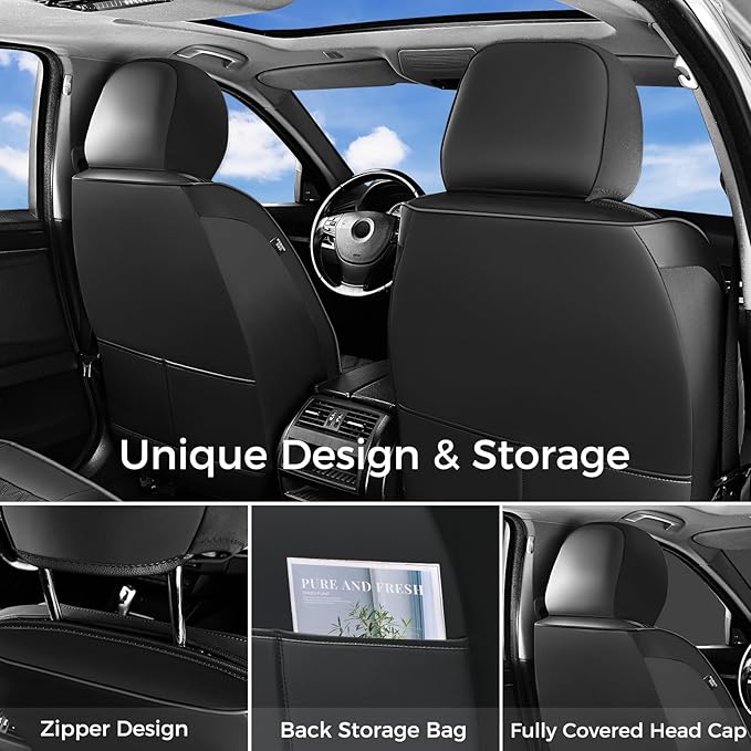 Huidasource Car Seat Covers Full Set, Nappa Leather Seat Covers, Front & Split Rear Bench Car Seat Cover, Zipper, Velcro Adjustable, Universal Fit for Most Cars, Vans, Trucks, SUVs (Full Set/Black)