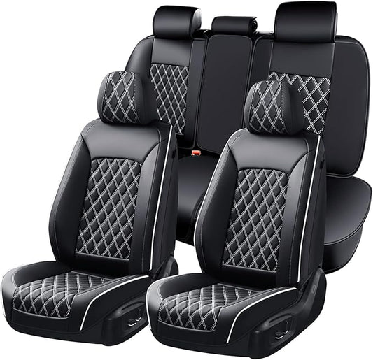 Huidasource Universal Car Seat Cover, Front and Back Full Set Seat Covers, Automotive Waterproof Nappa Leather Car Seat Cover Set Universal Fit for Most Cars, Vans, Trucks, SUVs (Full Set/Black&White)