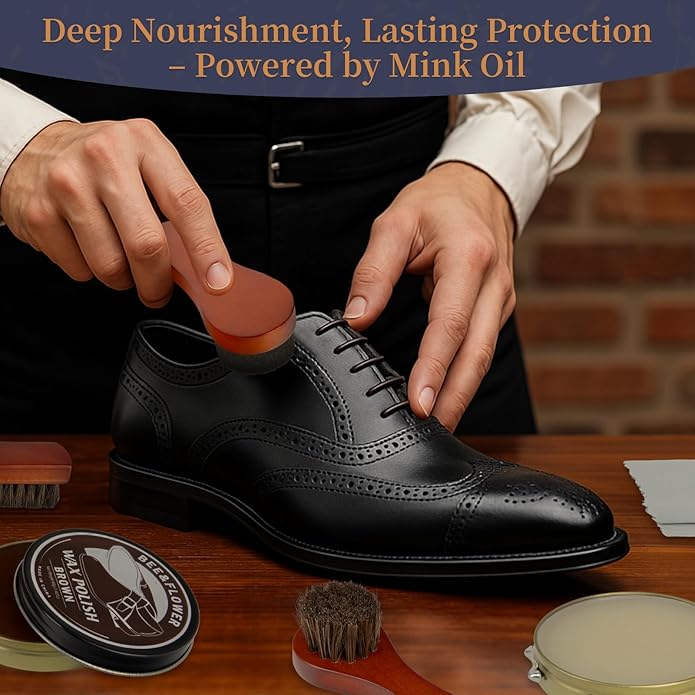 Shoe Polish Kit - Shoe Shine Kit | Leather Care Set with Horsehair Brush & Wooden Applicator | Portable Travel Case Included