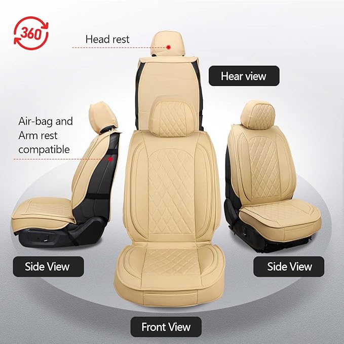 MIROZO Seat Covers Full Set Beige, Leather Car Seat Covers Automotive Seat Covers Car Seat Protector Universal Vehicle Seat Covers for Most Sedan SUV Pick-up Truck（Beige,Full Set