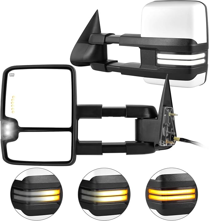AUTOSAVER88 Towing Mirror Compatible with 2003-2006 Silverado Sierra 1500 2500 HD 3500 HD Escalade Tahoe Yukon, Power Heated Switchback LED Turn Signal Running Light Manual Telescoping Folding White