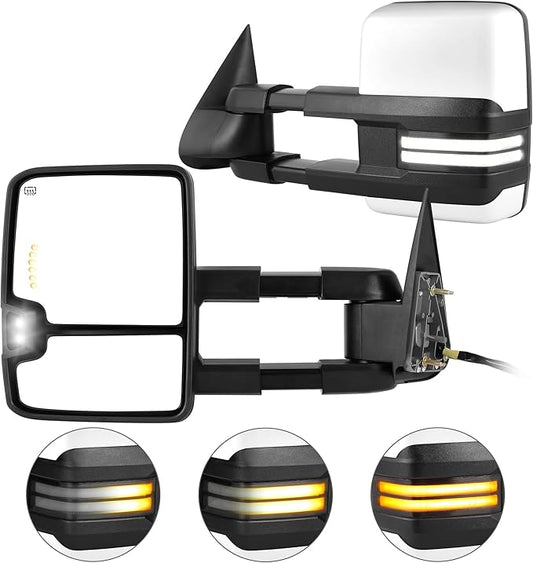AUTOSAVER88 Towing Mirror Compatible with 2003-2006 Silverado Sierra 1500 2500 HD 3500 HD Escalade Tahoe Yukon, Power Heated Switchback LED Turn Signal Running Light Manual Telescoping Folding White