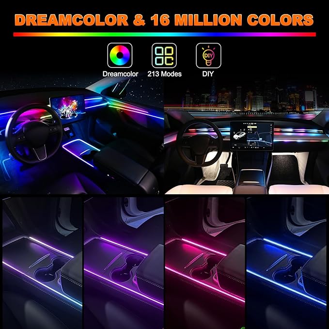 Interior Car LED Strip Lights, Acrylic LED Lights for Car with Dynamic Dreamcolor Chasing, Ambient Lighting Kits Music Sync Wireless APP and RF Remote Control (10 in 1)
